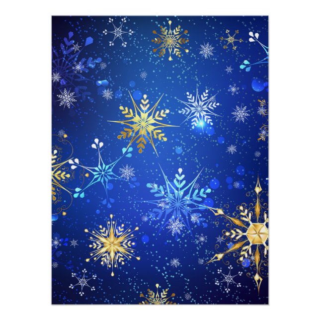 Póster Fondo azul XMAS con copos de nieve dorados (Anverso)