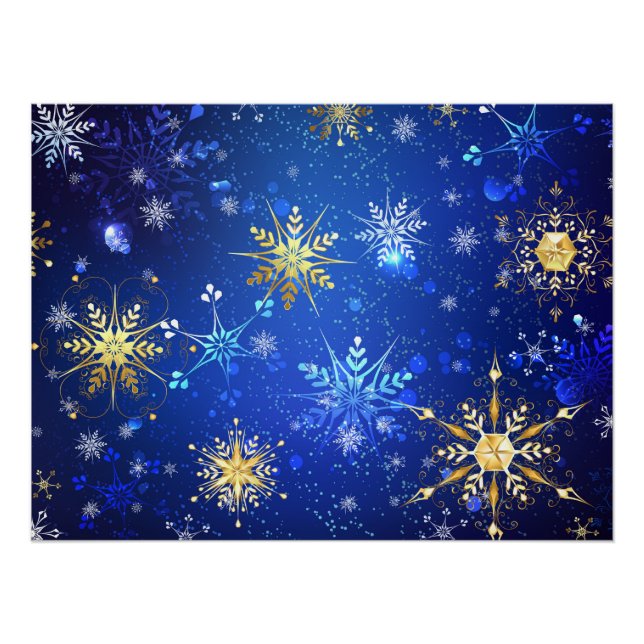 Póster Fondo azul XMAS con copos de nieve dorados (Anverso)