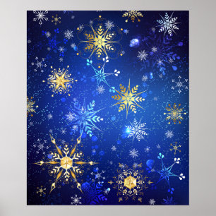 Póster Fondo azul XMAS con copos de nieve dorados