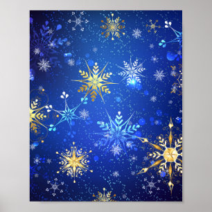 Póster Fondo azul XMAS con copos de nieve dorados