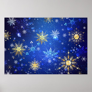 Póster Fondo azul XMAS con copos de nieve dorados