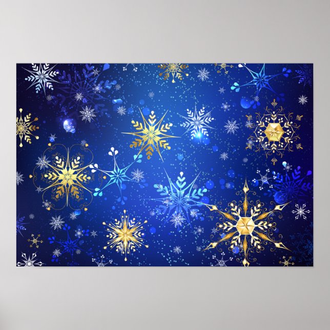 Póster Fondo azul XMAS con copos de nieve dorados (Frente)