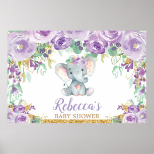 Póster Fondo Baby Shower Purple Floral Elephant