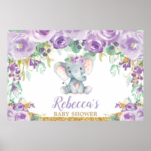 Póster Fondo Baby Shower Purple Floral Elephant (Frente)
