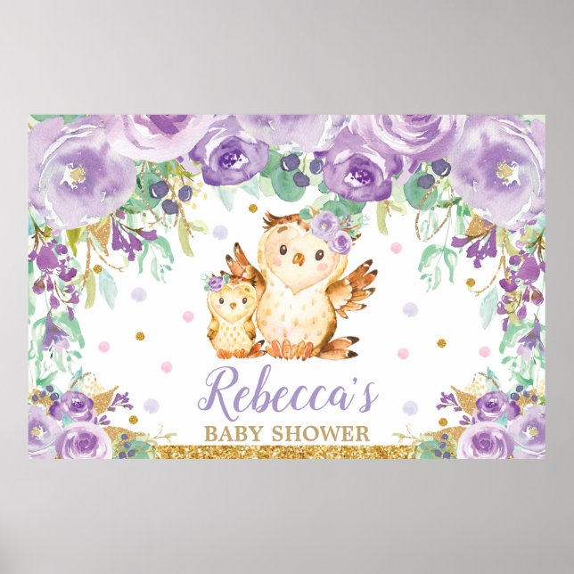 Póster Fondo Baby Shower Purple Floral Owl (Frente)