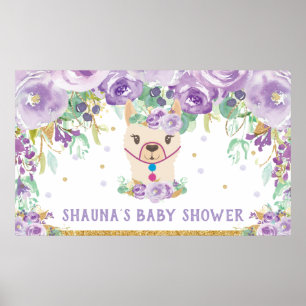 Póster Fondo de bienvenida Baby Shower Purple Floral Llam
