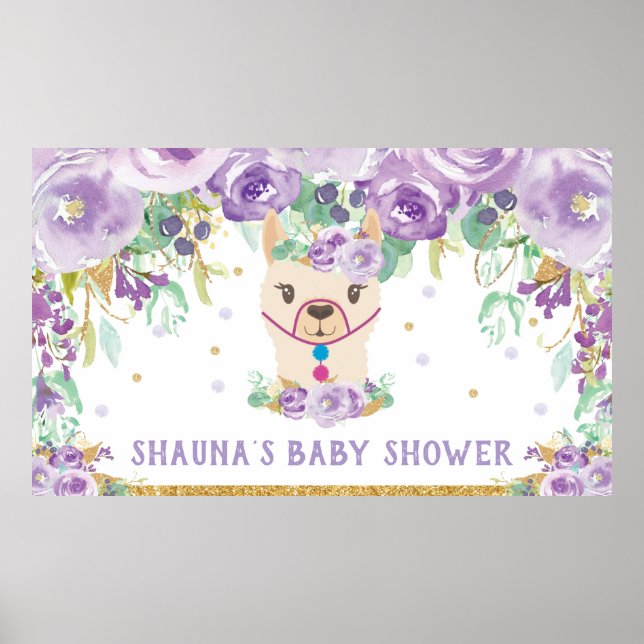 Póster Fondo de bienvenida Baby Shower Purple Floral Llam (Frente)