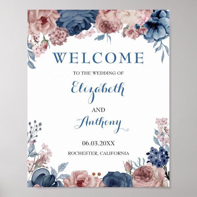 Póster Fondo de Boda de acuarela malva Rosa azul de la ma (Frente)