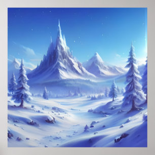 Póster fondo de invierno azul brillante con un paisaje he