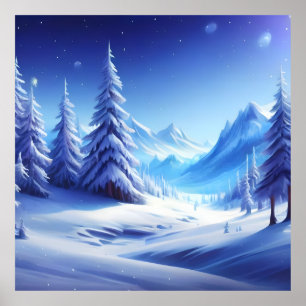 Póster fondo de invierno azul brillante con un paisaje he