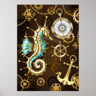 Póster Fondo de madera con caballito de mar mecánico