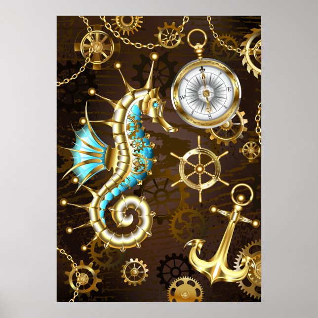 Póster Fondo de madera con caballito de mar mecánico (Frente)