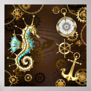 Póster Fondo de madera con caballito de mar mecánico