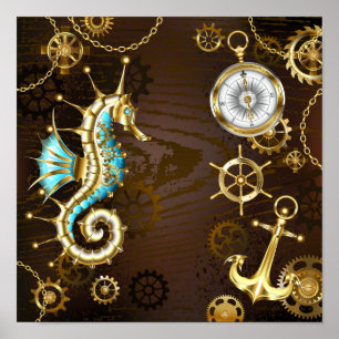 Póster Fondo de madera con caballito de mar mecánico