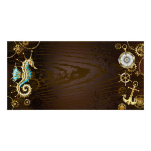 Póster Fondo de madera con caballito de mar mecánico