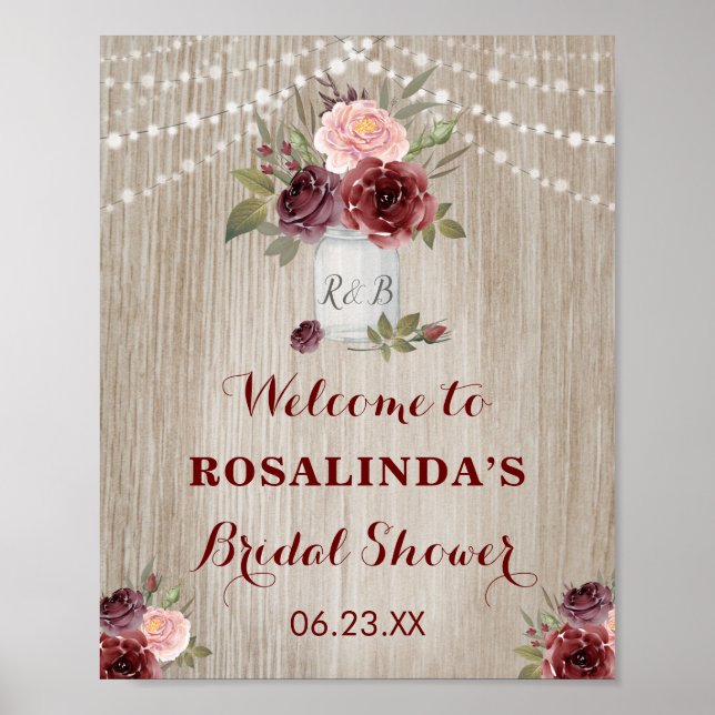 Póster Fondo De Madera Rojo Floral Rústica Bridal Shower  (Frente)