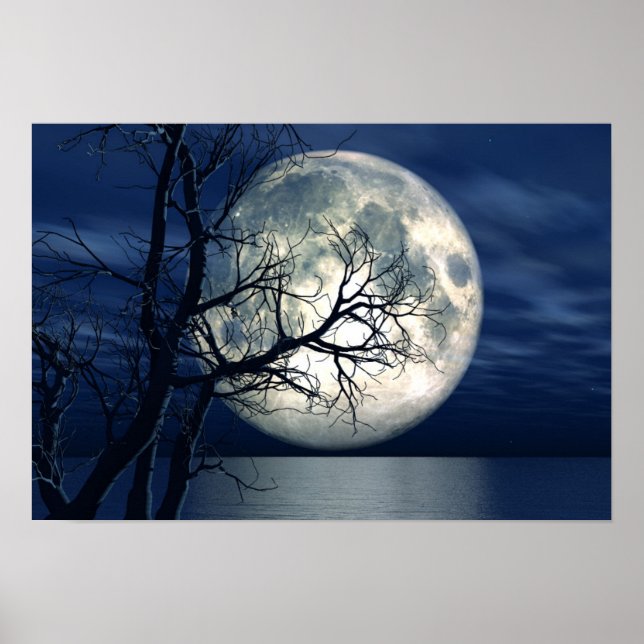Póster Fondo De Paisaje 3D Con Luna Sobre El Mar (Frente)