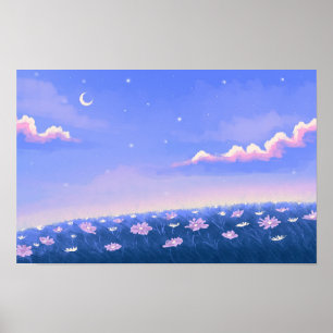 Póster Fondo de pantalla kawaii lindo con jardín nocturno