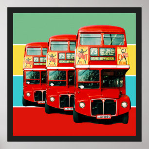 Póster Fondo de tres autobuses de Londres con franjas col