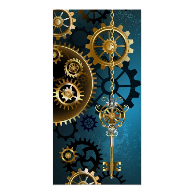 Póster Fondo de turquesa steampunk con engranajes (Anverso)