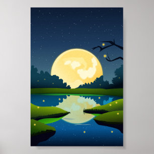 Póster Fondo del paisaje de la noche de la luz de luna