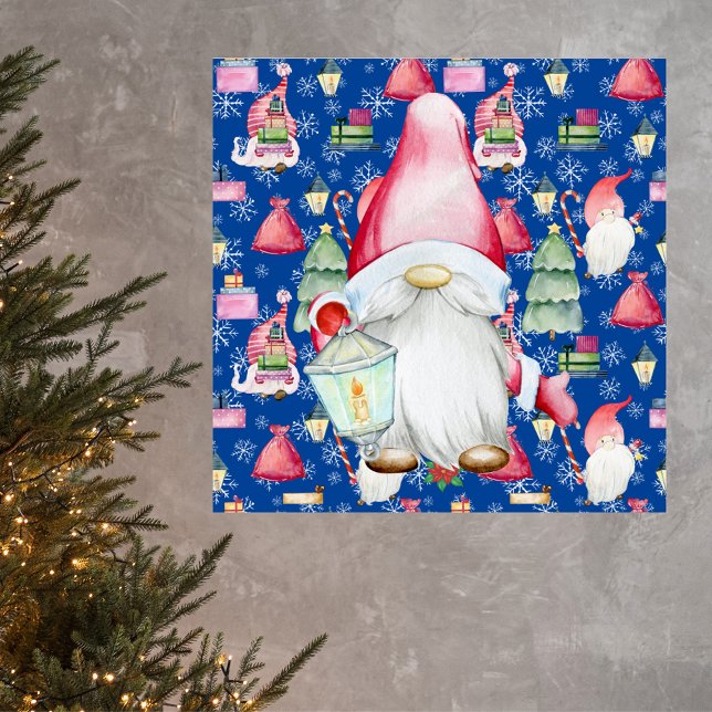 Póster Fondo del patrón azul y Santa Gnome de los navidad (Christmas Santa Gnome & Blue Pattern Background Poster)