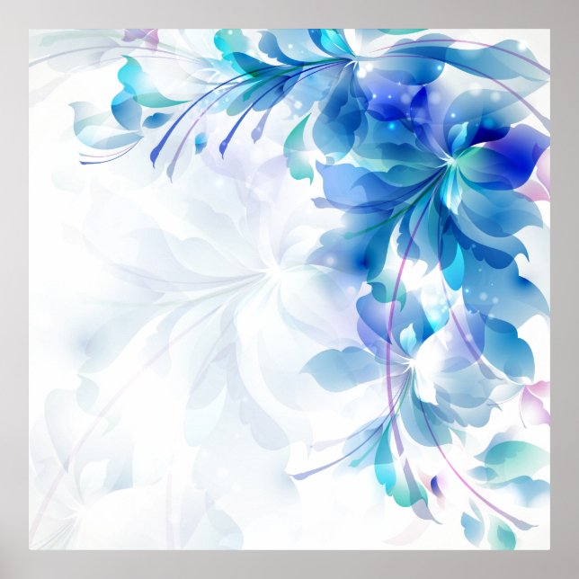 Póster Fondo Floral Abstracto Azul Y Blanco (Frente)