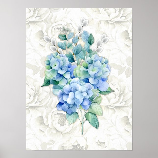 Póster Fondo floral de marfil-hidrangea azul (Frente)