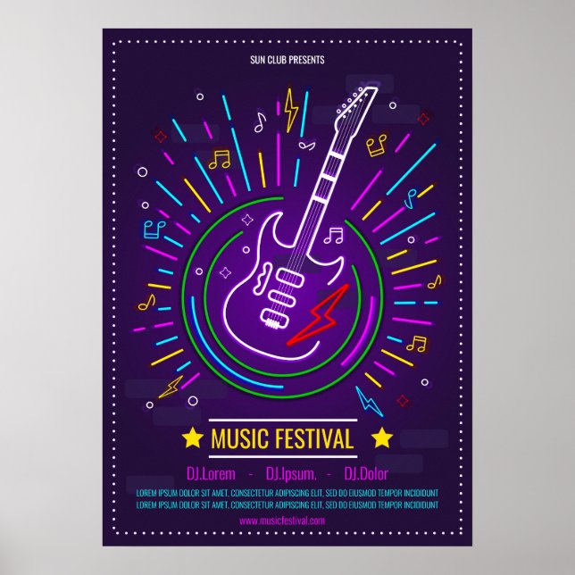 Póster Fondo musical neón con Poster de guitarra eléctric (Frente)