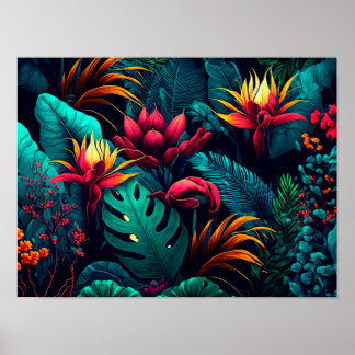 Póster Fondo tropical con flores y hojas exóticas