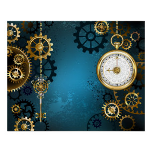 Póster Fondo turquesa de estilo steampunk con engranajes
