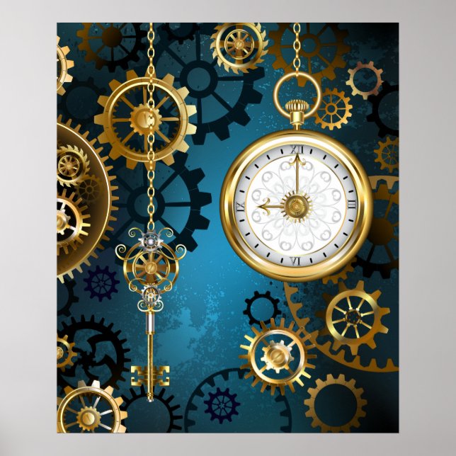Póster Fondo turquesa de estilo steampunk con engranajes (Frente)