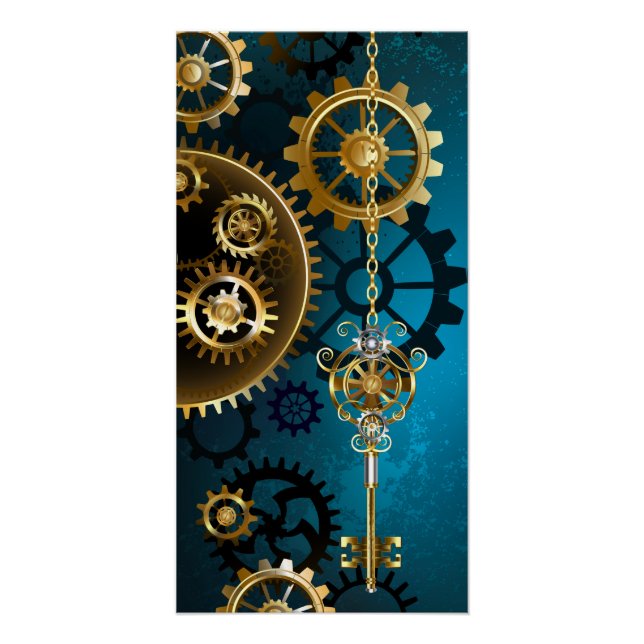 Póster Fondo turquesa de vapor con engranajes (Anverso)