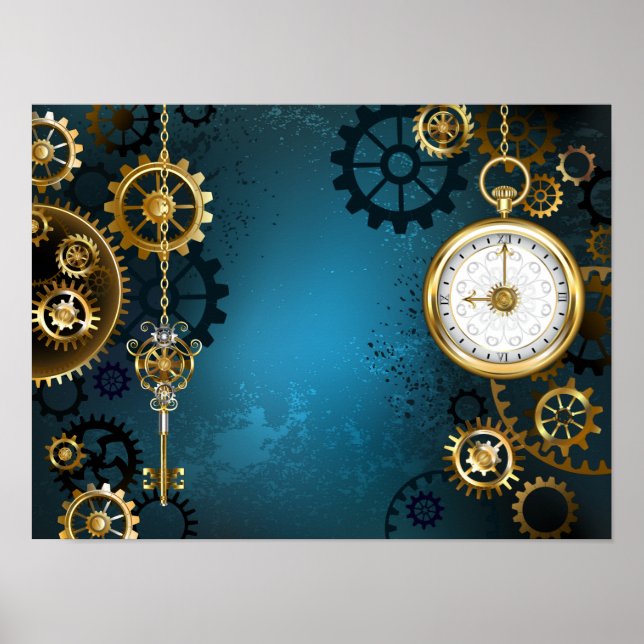 Póster Fondo turquesa estilo Steampunk con engranajes (Frente)