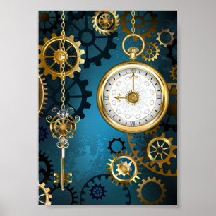 Póster Fondo turquesa estilo Steampunk con engranajes