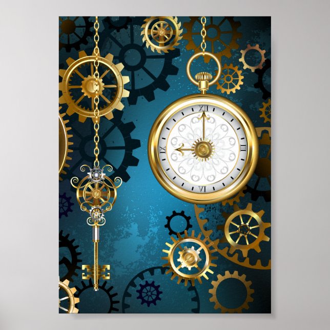 Póster Fondo turquesa estilo Steampunk con engranajes (Frente)