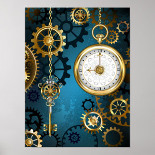 Póster Fondo turquesa estilo Steampunk con engranajes