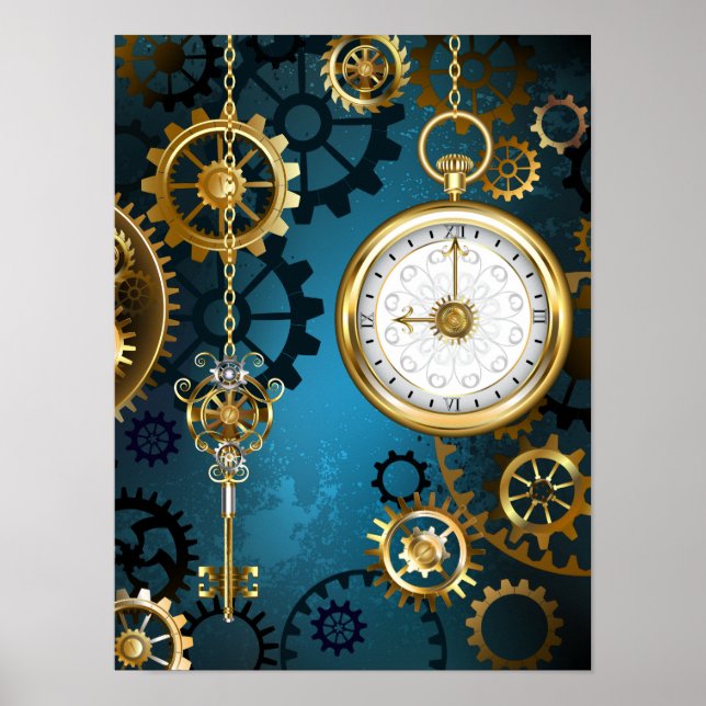 Póster Fondo turquesa estilo Steampunk con engranajes (Frente)