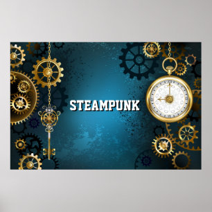 Póster Fondo turquesa estilo Steampunk con engranajes