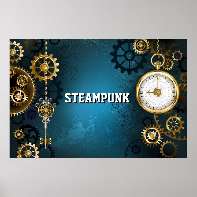 Póster Fondo turquesa estilo Steampunk con engranajes (Frente)