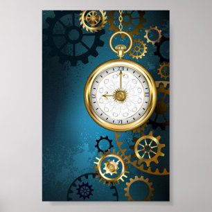 Póster Fondo turquesa steampunk con engranajes