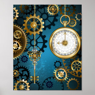 Póster Fondo turquesa Steampunk con engranajes