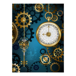 Póster Fondo turquesa steampunk con engranajes