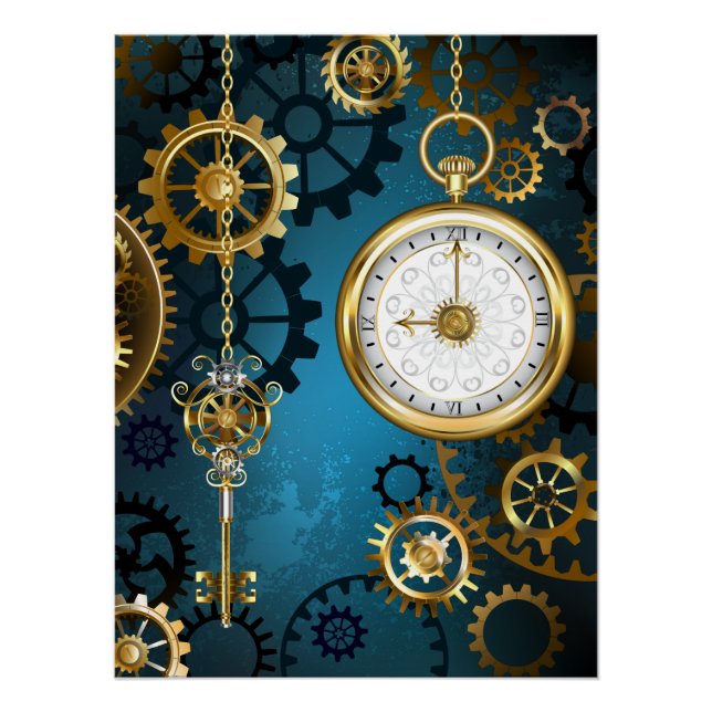 Póster Fondo turquesa steampunk con engranajes (Anverso)