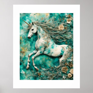 Póster Fondo Verde azulado mágico de Unicornio blanco