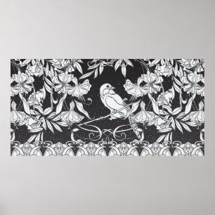 Póster Fondo vintage con flores decorativas y el bir