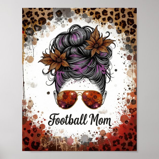 Póster Football Mom Leopard Messy Bun Purple Floral (Frente)