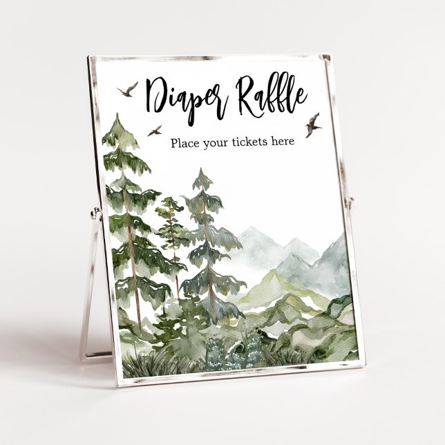 Póster Forest Adventure Baby Shower Diaper Raffle (Boy Woodland Baby Shower Diaper Raffle Sign)
