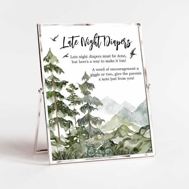 Póster Forest Adventure Baby Shower Late Night Diapers (Boy Woodland Baby Shower Late Night Diapers Sign)
