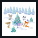Póster Forest Animals Dancing Around Christmas Tree<br><div class="desc">A poster with a whimsical Christmas scene. Happy forest animals dancing around a decorated Christmas tree.  Festive holiday watercolor design.</div>